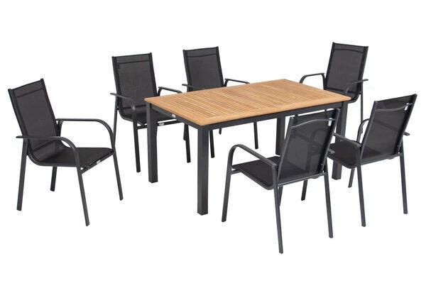 OUTFLEXX Esstischgarnitur, OUTFLEXX® Anthrazit Matt, Alu / Teak / Textil, Tisch 150/210x90cm, 6 Sessel, Stapelbar 17 OUTFLEXX Esstischgarnitur, OUTFLEXX® Anthrazit Matt, Alu / Teak / Textil, Tisch 150/210x90cm, 6 Sessel, Stapelbar – Bild 17