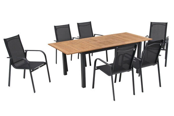 OUTFLEXX Esstischgarnitur, OUTFLEXX® Anthrazit Matt, Alu / Teak / Textil, Tisch 150/210x90cm, 6 Sessel, Stapelbar 2 OUTFLEXX Esstischgarnitur, OUTFLEXX® Anthrazit Matt, Alu / Teak / Textil, Tisch 150/210x90cm, 6 Sessel, Stapelbar – Bild 2