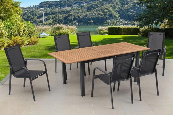 OUTFLEXX Esstischgarnitur, OUTFLEXX® Anthrazit Matt, Alu / Teak / Textil, Tisch 150/210x90cm, 6 Sessel, Stapelbar 6 OUTFLEXX Esstischgarnitur, OUTFLEXX® Anthrazit Matt, Alu / Teak / Textil, Tisch 150/210x90cm, 6 Sessel, Stapelbar – Bild 6