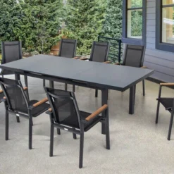 OUTFLEXX Premium Esstischgarnitur, OUTFLEXX® Anthrazit Matt, Alu / Glas / Teak, Tisch 180/240x100cm, 8 Stapelsessel