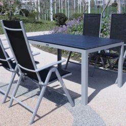 VILLANA Esstischgarnitur, Silber/schwarz, Alu/Holzimitat/Textil, Tisch 150x90cm, 4 Multipositionssessel