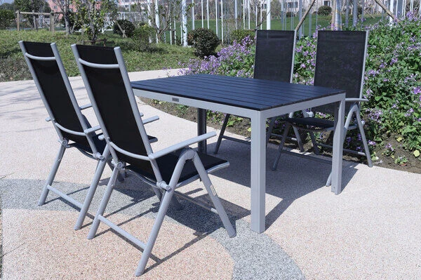 VILLANA Esstischgarnitur, Silber/schwarz, Alu/Holzimitat/Textil, Tisch 150x90cm, 4 Multipositionssessel 1 VILLANA Esstischgarnitur, Silber/schwarz, Alu/Holzimitat/Textil, Tisch 150x90cm, 4 Multipositionssessel