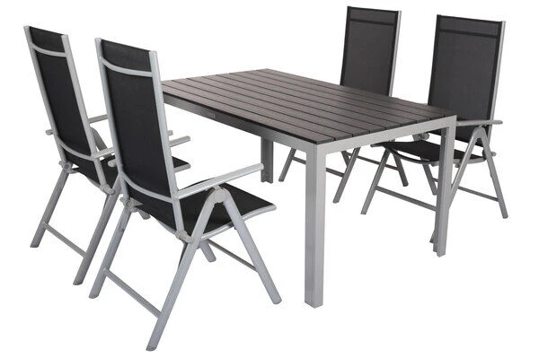 VILLANA Esstischgarnitur, Silber/schwarz, Alu/Holzimitat/Textil, Tisch 150x90cm, 4 Multipositionssessel 2 VILLANA Esstischgarnitur, Silber/schwarz, Alu/Holzimitat/Textil, Tisch 150x90cm, 4 Multipositionssessel – Bild 2
