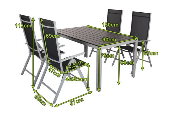 VILLANA Esstischgarnitur, Silber/schwarz, Alu/Holzimitat/Textil, Tisch 150x90cm, 4 Multipositionssessel 5 VILLANA Esstischgarnitur, Silber/schwarz, Alu/Holzimitat/Textil, Tisch 150x90cm, 4 Multipositionssessel – Bild 5