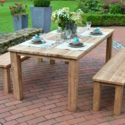 Ploß Laredo Esstischgruppe, FSC Recycled, Old-Teak, 2 Bänke, 6 Personen, Tisch 160 X 90 Cm