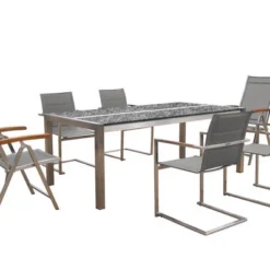 OUTFLEXX Esstischgarnitur, Silber, Edelstahl/Granit/Textil, 200x100 Cm, 4 Freischwinger, 2 Multipos, Padded, Teakarmlehnen