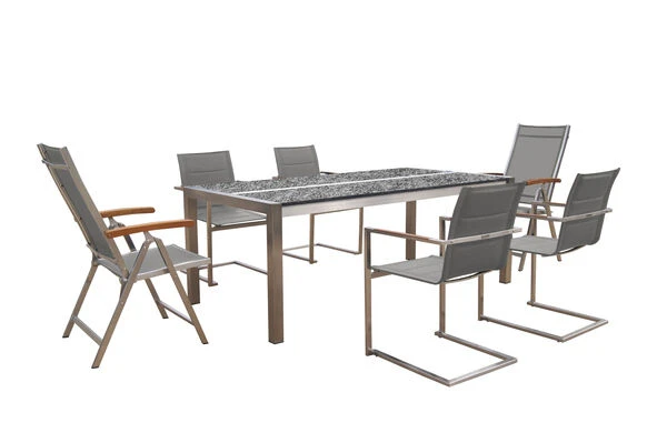 OUTFLEXX Esstischgarnitur, Silber, Edelstahl/Granit/Textil, 200x100 Cm, 4 Freischwinger, 2 Multipos, Padded, Teakarmlehnen 1 OUTFLEXX Esstischgarnitur, Silber, Edelstahl/Granit/Textil, 200x100 Cm, 4 Freischwinger, 2 Multipos, Padded, Teakarmlehnen