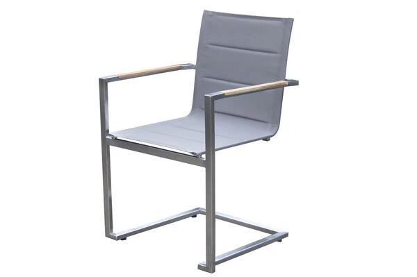 OUTFLEXX Esstischgarnitur, Silber, Edelstahl/Granit/Textil, 200x100 Cm, 4 Freischwinger, 2 Multipos, Padded, Teakarmlehnen 2 OUTFLEXX Esstischgarnitur, Silber, Edelstahl/Granit/Textil, 200x100 Cm, 4 Freischwinger, 2 Multipos, Padded, Teakarmlehnen – Bild 2