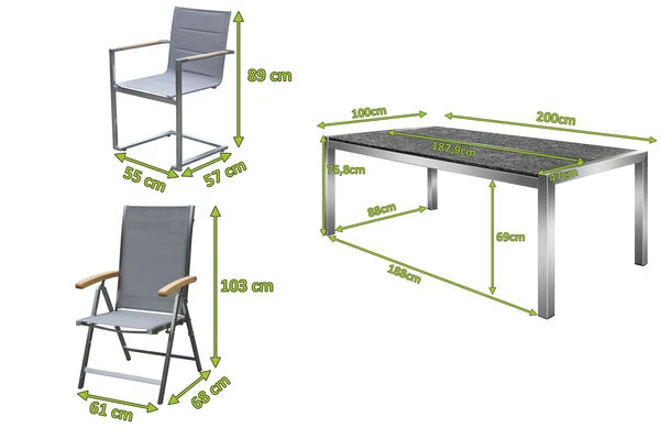 OUTFLEXX Esstischgarnitur, Silber, Edelstahl/Granit/Textil, 200x100 Cm, 4 Freischwinger, 2 Multipos, Padded, Teakarmlehnen 5 OUTFLEXX Esstischgarnitur, Silber, Edelstahl/Granit/Textil, 200x100 Cm, 4 Freischwinger, 2 Multipos, Padded, Teakarmlehnen – Bild 5