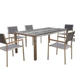 OUTFLEXX Esstischgarnitur, Silber/weiß, Edelstahl/Granit/Textilene, 200x100 Cm, 6 Stühle, Padded, Teakarmlehnen