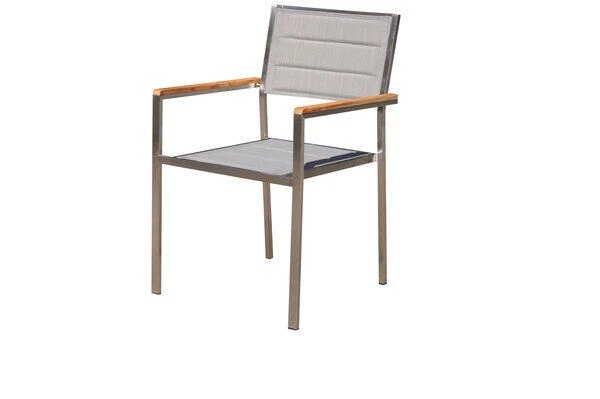 OUTFLEXX Esstischgarnitur, Silber/weiß, Edelstahl/Granit/Textilene, 200x100 Cm, 6 Stühle, Padded, Teakarmlehnen 3 OUTFLEXX Esstischgarnitur, Silber/weiß, Edelstahl/Granit/Textilene, 200x100 Cm, 6 Stühle, Padded, Teakarmlehnen – Bild 3