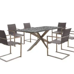 OUTFLEXX Esstischgarnitur, Silber/taupe, Edelstahl/Granit/Textil, 200x100 Cm, 6 Freischwinger, Padded, Armlehnen Aus FSC-Teak