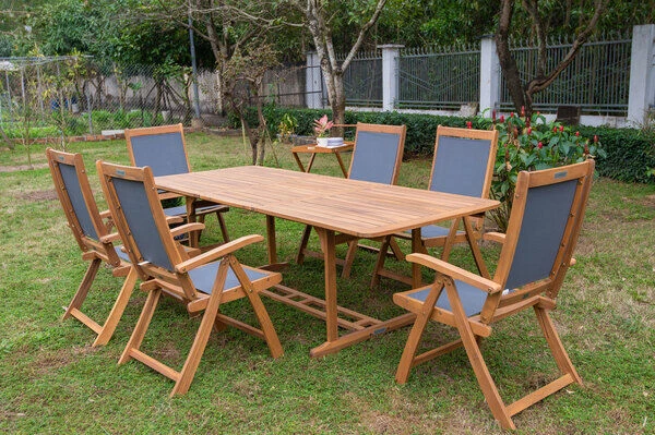 OUTFLEXX Sitzgruppe, Natur/grau, Akazie/Textilene, Ausziehtisch 150/200 X 90 Cm, 6 Multipo 5-fach 1 OUTFLEXX Sitzgruppe, Natur/grau, Akazie/Textilene, Ausziehtisch 150/200 X 90 Cm, 6 Multipo 5-fach