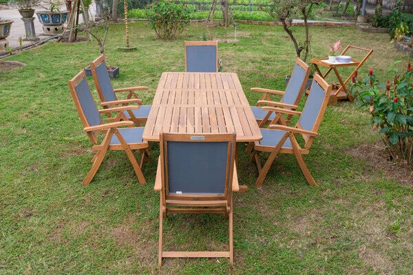 OUTFLEXX Sitzgruppe, Natur/grau, Akazie/Textilene, Ausziehtisch 150/200 X 90 Cm, 6 Multipo 5-fach 6 OUTFLEXX Sitzgruppe, Natur/grau, Akazie/Textilene, Ausziehtisch 150/200 X 90 Cm, 6 Multipo 5-fach – Bild 6