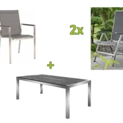 STERN Esstischgarnitur, Silbergrau/grau, Edelstahl/Textilene, Tisch 200 X 100 Cm, 2 Teilige Tischplatte, 4 Stapelsessel, 2 Multipo