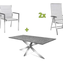 STERN Esstischgarnitur, Silber/grau, Edelstahl/Textilene, Tisch 200 X 100 Cm, 4 Stapelsessel, 2 Multipo, Padded