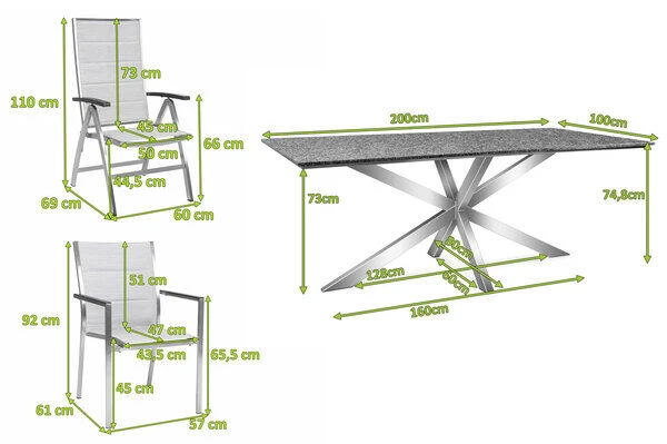 STERN Esstischgarnitur, Silber/grau, Edelstahl/Textilene, Tisch 200 X 100 Cm, 4 Stapelsessel, 2 Multipo, Padded 2 STERN Esstischgarnitur, Silber/grau, Edelstahl/Textilene, Tisch 200 X 100 Cm, 4 Stapelsessel, 2 Multipo, Padded – Bild 2