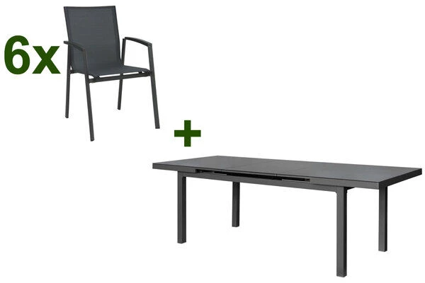 STERN New Top Esstischgarnitur, Anthrazit, Alu / Glas / Textil, Tisch 180/240x100cm, 6 Stapelsessel 1 STERN New Top Esstischgarnitur, Anthrazit, Alu / Glas / Textil, Tisch 180/240x100cm, 6 Stapelsessel