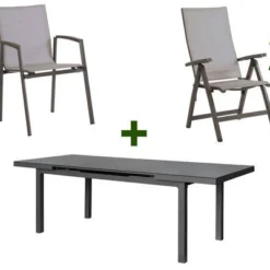 Günstiges Garten Perle Geschäft 7 STERN New Top Esstischgarnitur, Anthrazit, Alu / Glas / Textil, Ausziehtisch 180/240x100cm, 4 Stapel-, 2 Klappsessel
