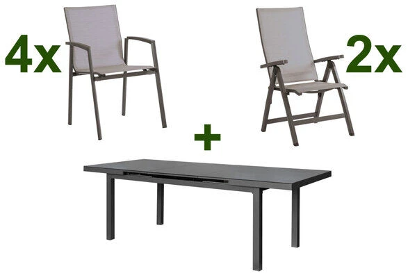 STERN New Top Esstischgarnitur, Anthrazit, Alu / Glas / Textil, Ausziehtisch 180/240x100cm, 4 Stapel-, 2 Klappsessel 1 STERN New Top Esstischgarnitur, Anthrazit, Alu / Glas / Textil, Ausziehtisch 180/240x100cm, 4 Stapel-, 2 Klappsessel