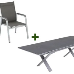 KETTLER BasicPlus Esstischgarnitur, Silber / Anthrazit, Alu / Spraystone / Textil, Tisch 180/280x100cm, 8 Stapelsessel