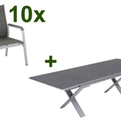 KETTLER BasicPlus Esstischgarnitur, Silber / Anthrazit, Alu / Spraystone / Textil, Tisch 180/280x100cm, 10 Stapelsessel