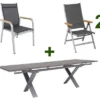 KETTLER Granada Esstischgarnitur, Silber / Anthrazit, Alu / HPL / Teak, Tisch 180/280x100cm, 8 Stapelsessel, 2 Multipo