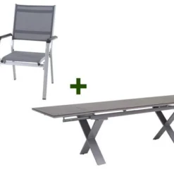 KETTLER Friends Esstischgarnitur, Silber / Anthrazit, Alu / HPL / Textil, Tisch 180/280x100cm, 8 Stapelsessel