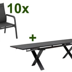 KETTLER BasicPlus Esstischgarnitur, Anthrazit, Alu / Spraystone / Textil, Tisch 180/280x100cm, 10 Stapelsessel
