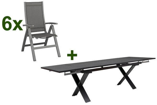 KETTLER Altura Esstischgarnitur, Anthrazit, Alu / Spraystone / Textil, Tisch 180/280x100cm, 6 Multipositionssessel 1 KETTLER Altura Esstischgarnitur, Anthrazit, Alu / Spraystone / Textil, Tisch 180/280x100cm, 6 Multipositionssessel