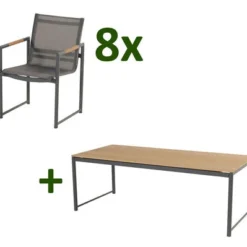 HARTMAN Fontaine Sitzgruppe, Anthrazit/charcoal, Alu/Teak, 8 Dining Sessel, 220x100cm
