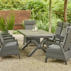 SIENA GARDEN Sincro/Solea Dining Set, Anthrazit/blau/grau, Alu/Gardino®-Geflecht/Keramik, 200-260x103cm, Inkl. 8 Diningsessel, Stufenlos Verstellbar