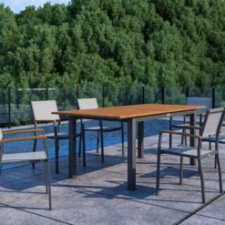 VILLANA Esstischgarnitur, Anthrazit/grau, Alu/ FSC-Akazienholz, Ausziehtisch 150/200 Cm, 6 Stapelstühle