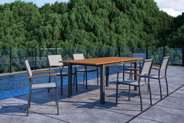 VILLANA Esstischgarnitur, Anthrazit/grau, Alu/ FSC-Akazienholz, Ausziehtisch 150/200 Cm, 6 Stapelstühle 1 VILLANA Esstischgarnitur, Anthrazit/grau, Alu/ FSC-Akazienholz, Ausziehtisch 150/200 Cm, 6 Stapelstühle