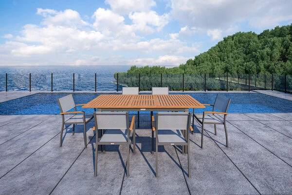 VILLANA Esstischgarnitur, Anthrazit/grau, Alu/ FSC-Akazienholz, Ausziehtisch 150/200 Cm, 6 Stapelstühle 7 VILLANA Esstischgarnitur, Anthrazit/grau, Alu/ FSC-Akazienholz, Ausziehtisch 150/200 Cm, 6 Stapelstühle – Bild 7