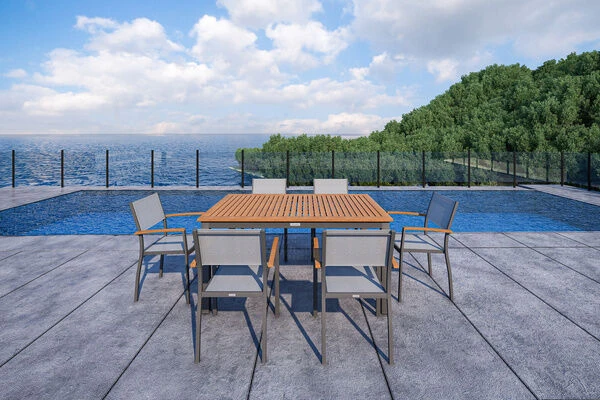 VILLANA Esstischgarnitur, Anthrazit/grau, Alu/ FSC-Akazienholz, Ausziehtisch 150/200 Cm, 6 Stapelstühle 8 VILLANA Esstischgarnitur, Anthrazit/grau, Alu/ FSC-Akazienholz, Ausziehtisch 150/200 Cm, 6 Stapelstühle – Bild 8