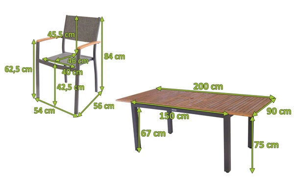 VILLANA Esstischgarnitur, Anthrazit/grau, Alu/ FSC-Akazienholz, Ausziehtisch 150/200 Cm, 6 Stapelstühle 5 VILLANA Esstischgarnitur, Anthrazit/grau, Alu/ FSC-Akazienholz, Ausziehtisch 150/200 Cm, 6 Stapelstühle – Bild 5