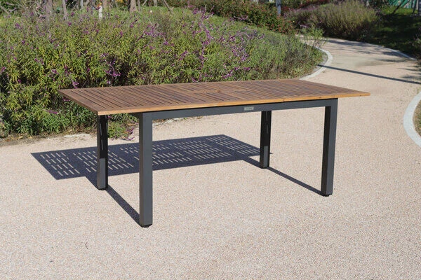 VILLANA Esstischgarnitur, Anthrazit/grau, Alu/ FSC-Akazienholz, Ausziehtisch 150/200 Cm, 6 Stapelstühle 4 VILLANA Esstischgarnitur, Anthrazit/grau, Alu/ FSC-Akazienholz, Ausziehtisch 150/200 Cm, 6 Stapelstühle – Bild 4