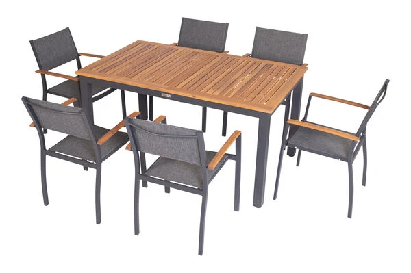 VILLANA Esstischgarnitur, Anthrazit/grau, Alu/ FSC-Akazienholz, Ausziehtisch 150/200 Cm, 6 Stapelstühle 2 VILLANA Esstischgarnitur, Anthrazit/grau, Alu/ FSC-Akazienholz, Ausziehtisch 150/200 Cm, 6 Stapelstühle – Bild 2