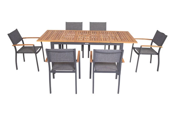 VILLANA Esstischgarnitur, Anthrazit/grau, Alu/ FSC-Akazienholz, Ausziehtisch 150/200 Cm, 6 Stapelstühle 9 VILLANA Esstischgarnitur, Anthrazit/grau, Alu/ FSC-Akazienholz, Ausziehtisch 150/200 Cm, 6 Stapelstühle – Bild 9