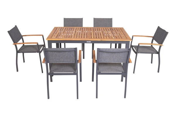 VILLANA Esstischgarnitur, Anthrazit/grau, Alu/ FSC-Akazienholz, Ausziehtisch 150/200 Cm, 6 Stapelstühle 10 VILLANA Esstischgarnitur, Anthrazit/grau, Alu/ FSC-Akazienholz, Ausziehtisch 150/200 Cm, 6 Stapelstühle – Bild 10