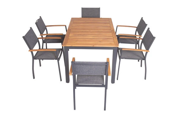 VILLANA Esstischgarnitur, Anthrazit/grau, Alu/ FSC-Akazienholz, Ausziehtisch 150/200 Cm, 6 Stapelstühle 11 VILLANA Esstischgarnitur, Anthrazit/grau, Alu/ FSC-Akazienholz, Ausziehtisch 150/200 Cm, 6 Stapelstühle – Bild 11