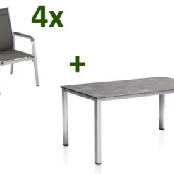 KETTLER Cubic/Basic Plus Esstischgarnitur, Silber/anthrazit, Alu/Textilene, Tisch 160x90 Cm, 4 Stapelsessel