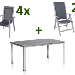 Günstiges Garten Perle Geschäft 13 KETTLER Cubic Esstischgarnitur, Silber/anthrazit/grau, Alu/Textilene, Tisch 160x90 Cm, 4 Stapelsessel, 2 Multipo