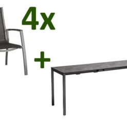 KETTLER Cubic/Altura Esstischgarnitur, Anthrazit, Alu/HPL/Textilene, 140/210x70 Cm, 4 Stapelsessel