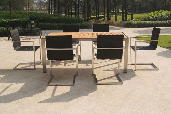 OUTFLEXX Sitzgruppe, Schwarz, Edelstahl/Teak, Esstisch 200 X 90 Cm, 6 Stapelstühle Gepolstert 2 OUTFLEXX Sitzgruppe, Schwarz, Edelstahl/Teak, Esstisch 200 X 90 Cm, 6 Stapelstühle Gepolstert – Bild 2