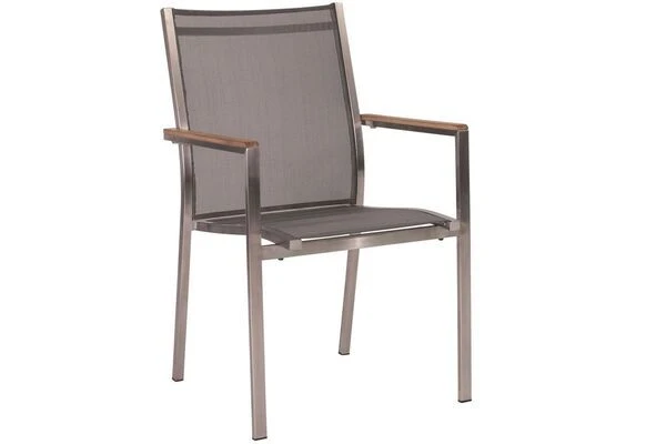 STERN Cardiff Esstischgruppe, Silber/silbergrau, Edelstahl/Teak, Tisch 200 X 100 Cm, 6 Stapel-, 2 Multipositionssessel 2 STERN Cardiff Esstischgruppe, Silber/silbergrau, Edelstahl/Teak, Tisch 200 X 100 Cm, 6 Stapel-, 2 Multipositionssessel – Bild 2