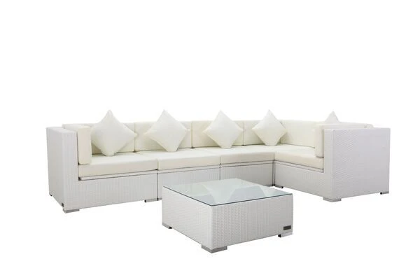 OUTFLEXX Loungemöbel Polyrattan, Weiß, Für 5 Personen, Inkl. Kaffeetisch, Wasserfeste Kissenbox 2 OUTFLEXX Loungemöbel Polyrattan, Weiß, Für 5 Personen, Inkl. Kaffeetisch, Wasserfeste Kissenbox – Bild 2