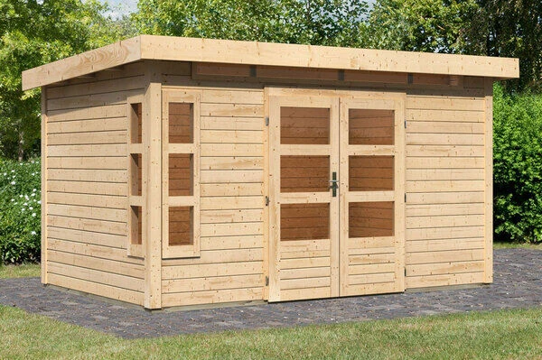 KARIBU Gartenhaus Kastorf 7, Naturbelassen, Fichtenholz 28mm, 396 X 244 X 222 Cm, Flachdach, Inkl. Oberlicht 2 KARIBU Gartenhaus Kastorf 7, Naturbelassen, Fichtenholz 28mm, 396 X 244 X 222 Cm, Flachdach, Inkl. Oberlicht – Bild 2