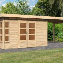 KARIBU Gartenhaus Kastorf 7, Naturbelassen, Fichtenholz 28mm, 702 X 244 X 222 Cm, Flachdach, Anbau 3,2m